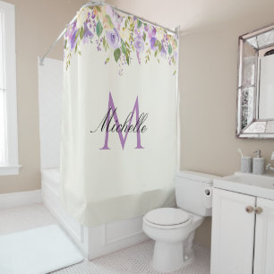 joli rideau de douche à fleurs monogramme violet