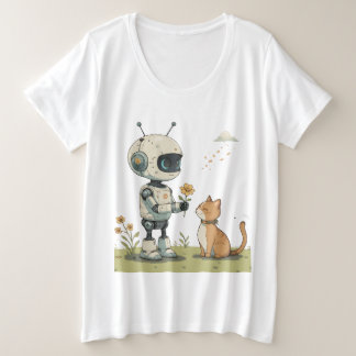 Joli Robot Offrant une Fleur à un Chat, une Illust