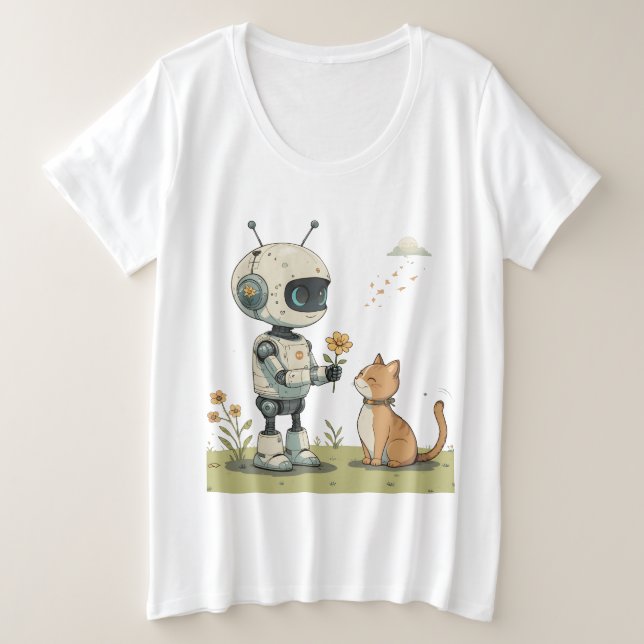 Joli Robot Offrant une Fleur à un Chat, une Illust (Design devant)