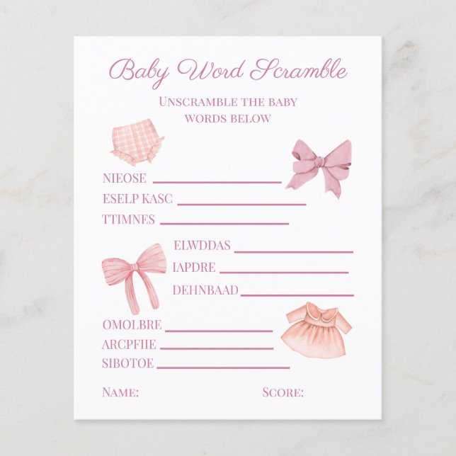 Joli rose fille Baby shower Word Scramble (Devant)
