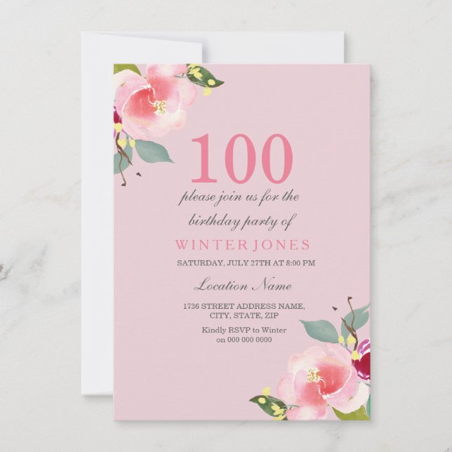 Joli rose Floral 100e anniversaire Invitation de f (Devant)