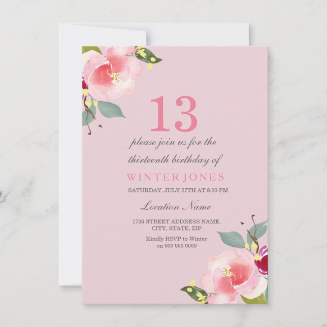 Joli rose Floral 13e anniversaire Invitation de fê (Devant)