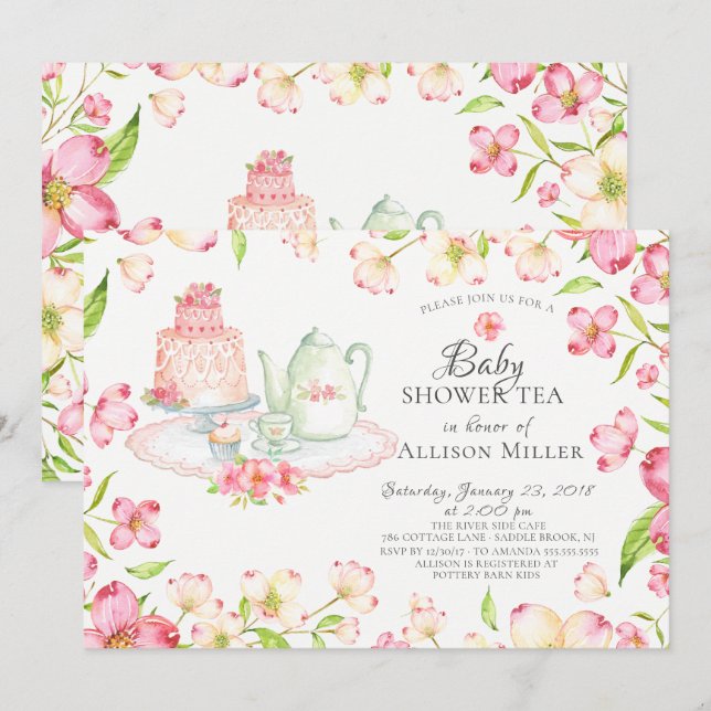 Joli rose Floral Baby Tea Party Invitation (Devant / Derrière)