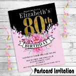 Joli rose Floral or 80e anniversaire Invitation<br><div class="desc">Plutôt Rose Floral Or et Noir 80e Anniversaire Invitation Carte Postale Pour Femmes. Il Est Facile De Changer L'Exemple De Texte En Vous Propre En Cliquant Sur Personnaliser. Cliquez Sur Personnaliser Pour Modifier Le Type De Police, La Couleur De Police Ou La Taille De Police Ou Pour Ajouter/Supprimer/Modifier Le Texte...</div>