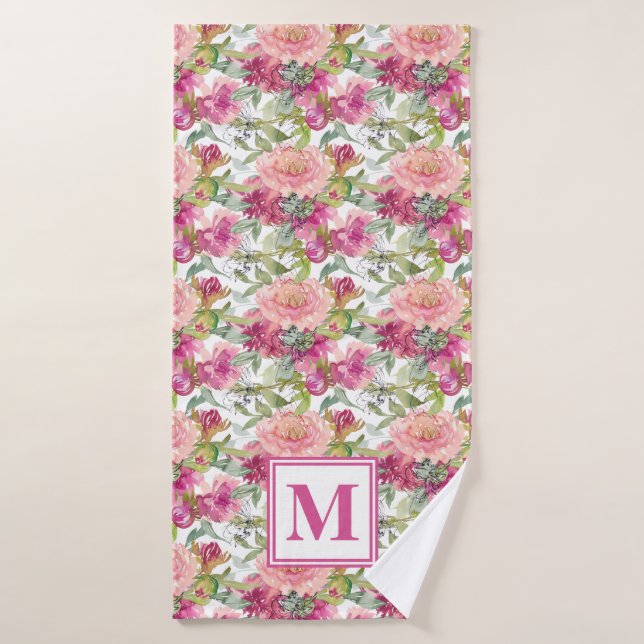 Joli rose Floral Sage Vert Feuille Monogramme (Serviette de bain)