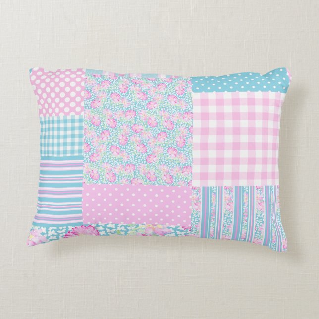 Joli rose Roses Faux Patchwork Accent Coussin (Dos)