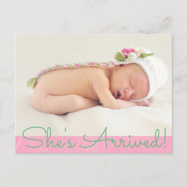 Joli rose "Shes Arrived" Faire-part de naissance b (Devant)