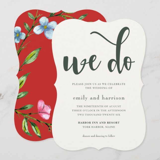 Joli rouge Floral Rustique Faire-part de mariage (Devant / Derrière)