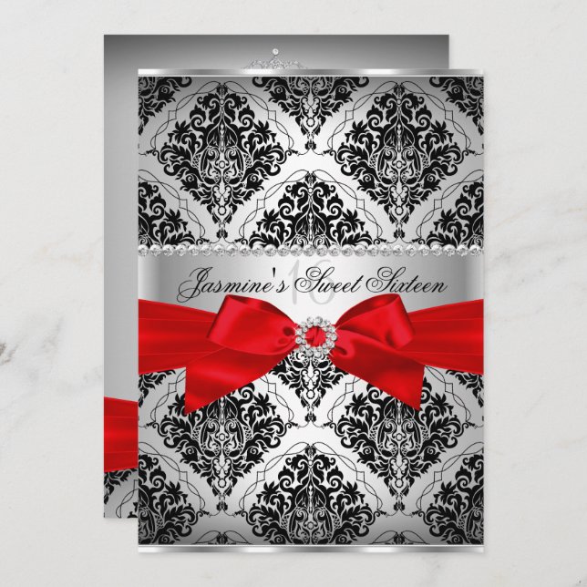 Joli rouge noir Damask Sweet 16 Invitation (Devant / Derrière)