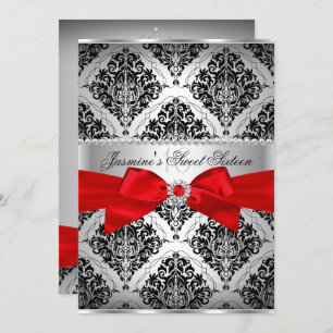 Joli rouge noir Damask Sweet 16 Invitation