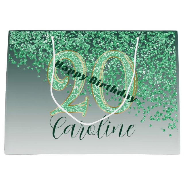 Joli Sac Cadeau Vert Pailleté 20ème Anniversaire (Devant)