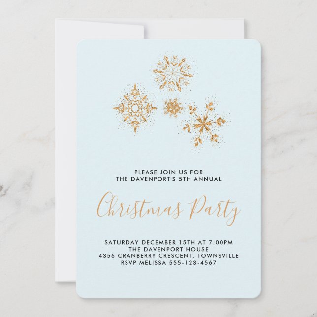 Joli Snowflakes Gold sur Blue, Invitation festif (Devant)
