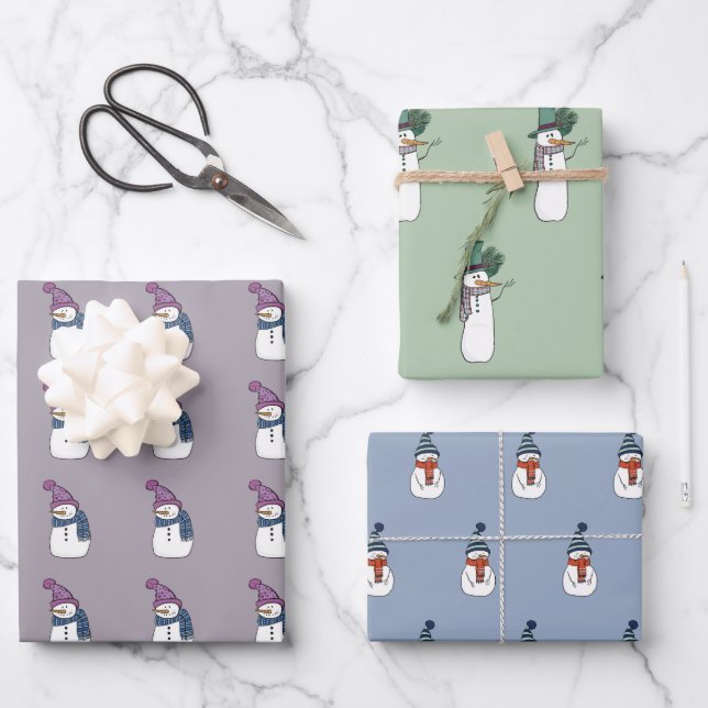 Joli Snowman Wrapping Papier ensemble de 3 (Recto)