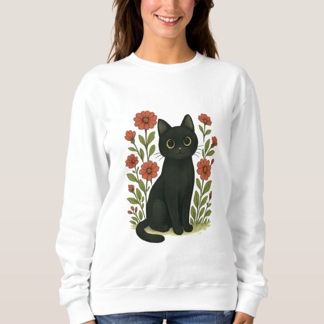 Joli sweatshirt pour femmes avec chat noir et jard (Devant)