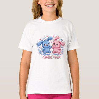 Joli T-Shirt Couple Miss You, Lapins Bleu Rose Mon