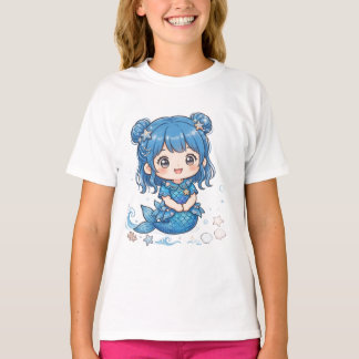 Joli T-Shirt de Sirène Fille Océan Bleu - Kawaii C