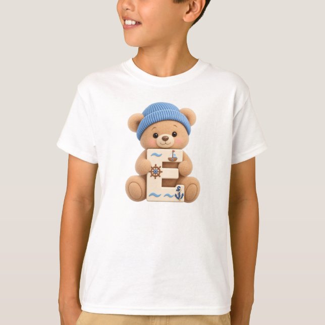 Joli T-Shirt Garçon Ourson Initiale E Marin (Devant)
