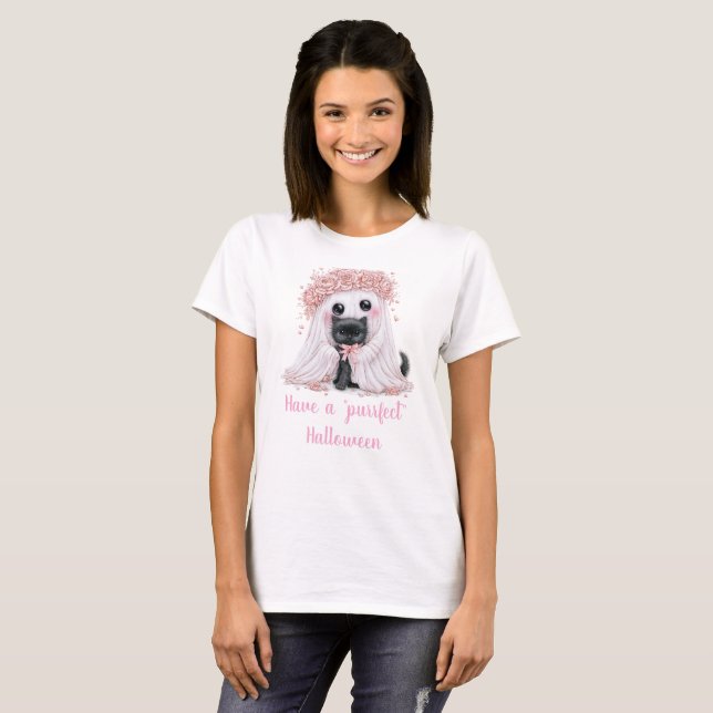 Joli T-Shirt Halloween avec Chat Noir et Fantôme (Devant entier)