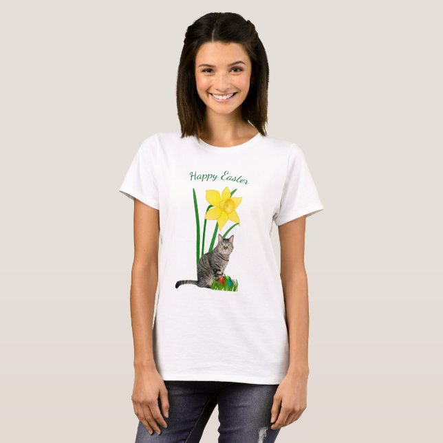 Joli T-Shirt Pâques Chat et Jonquilles Blanc (Devant entier)