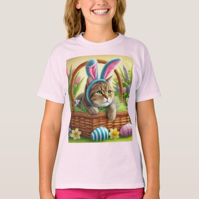 Joli T-Shirt Rose Chat de Pâques pour Filles (Devant)