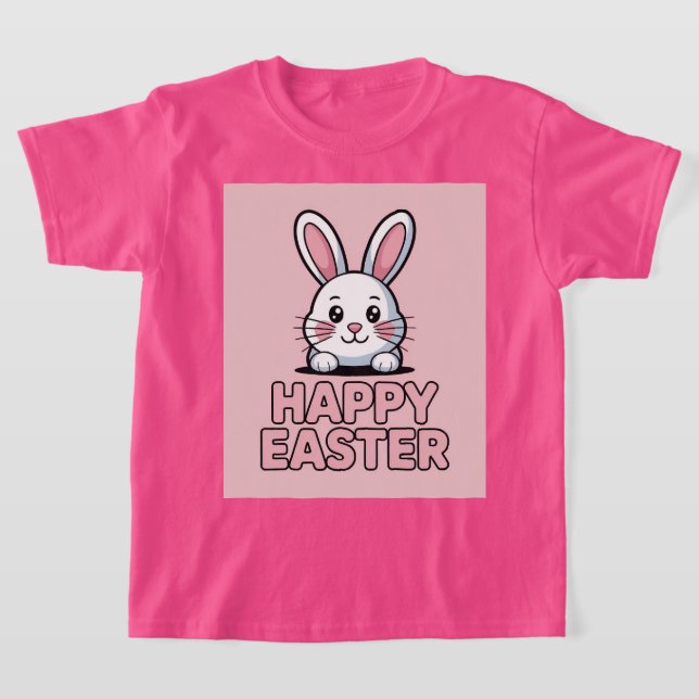 Joli T-Shirt Rose Joyeuses Pâques Lapin Blanc (Poser)