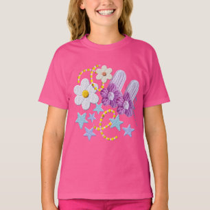 Joli T-Shirt Rose Kidcore Fleurs et Étoiles Kawaii