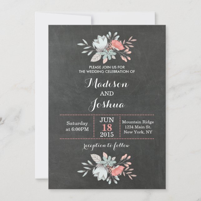 Joli tableau floral Chalkboard Invitations de mari (Devant)