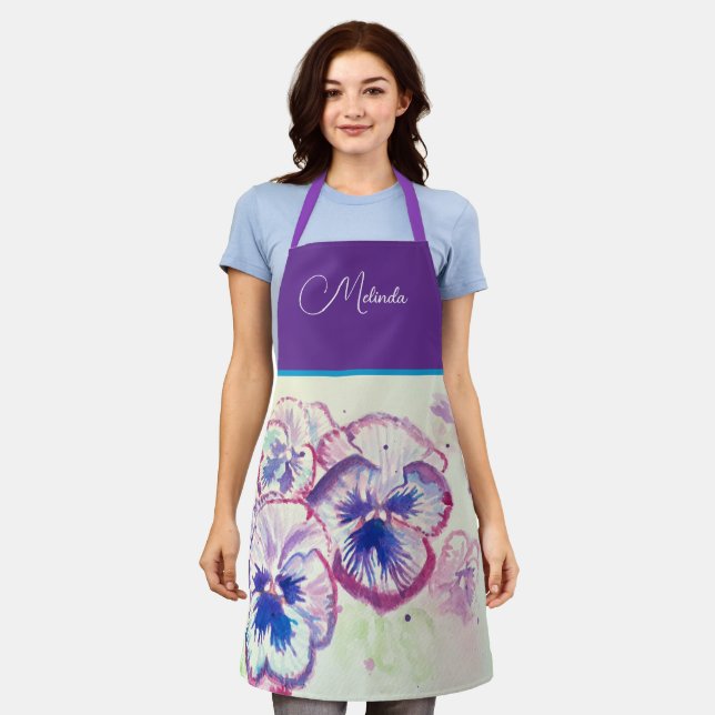 Joli tablier aquarelle violet pensée pastel floral (Porté)