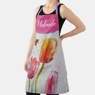 Joli tablier floral pastel tulipe rose abeille pou