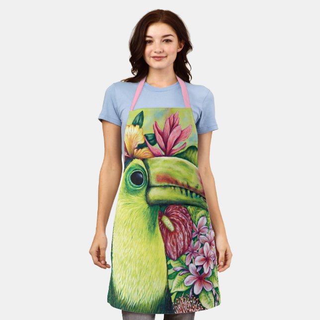 Joli tablier toucan floral drôle vert rose (Porté)