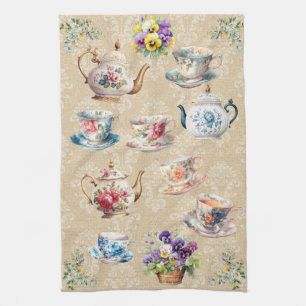 Joli Teacup Teapot Serviette Damas Floral Pansies