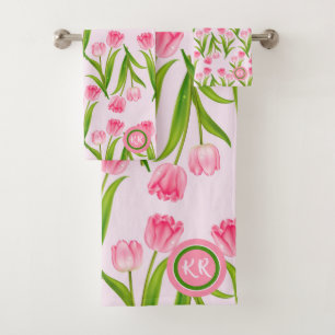 Joli Tulipe rose Fleurs Florales Feuille Monogramm