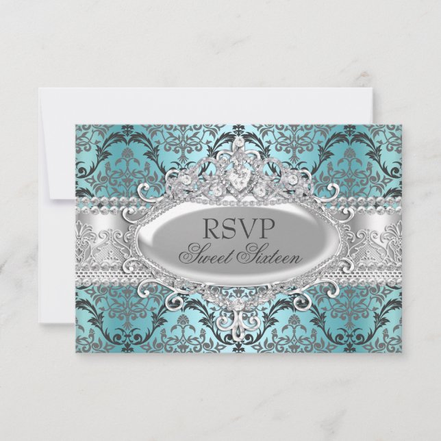 Joli Turquoise & Argent Damask Sweet 16 RSVP (Devant)