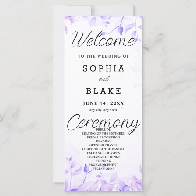 Joli violet Feuille White Wedding Programme (Devant)