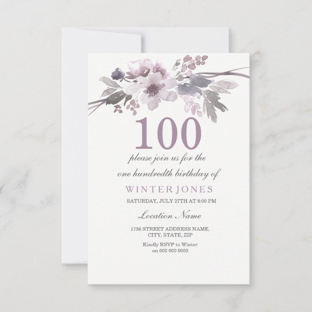 Joli Violet Floral 100e anniversaire Invitation de (Devant)