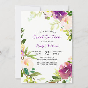 Joli violet Floral Sweet 16 Invitation
