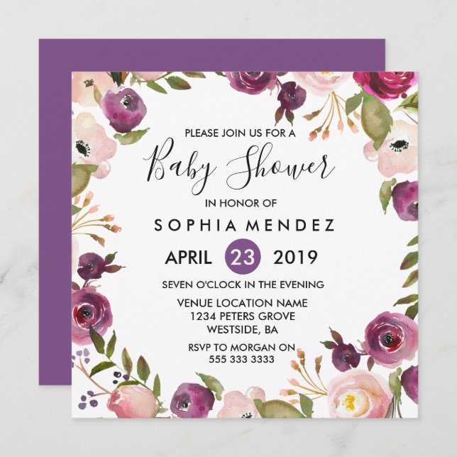 Joli violet rose Baby shower Botanique Invitation (Devant / Derrière)