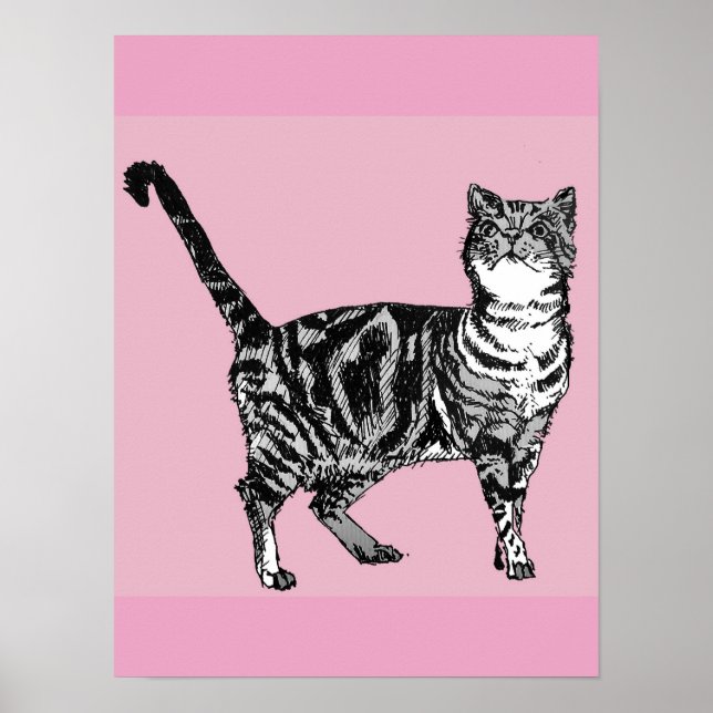 Jolie affiche d'art de chat tigré rayé rose (Devant)