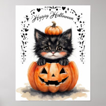 Jolie affiche de chat noir Halloween | Citrouille 