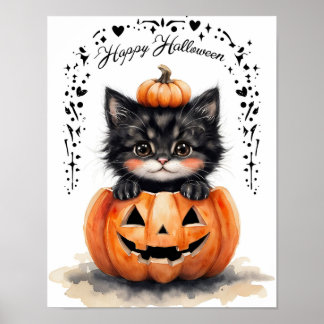 Jolie affiche de chat noir Halloween | Citrouille 