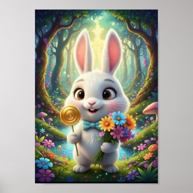 Jolie Affiche de Lapin aux Bois avec Nœud Papillon (Devant)