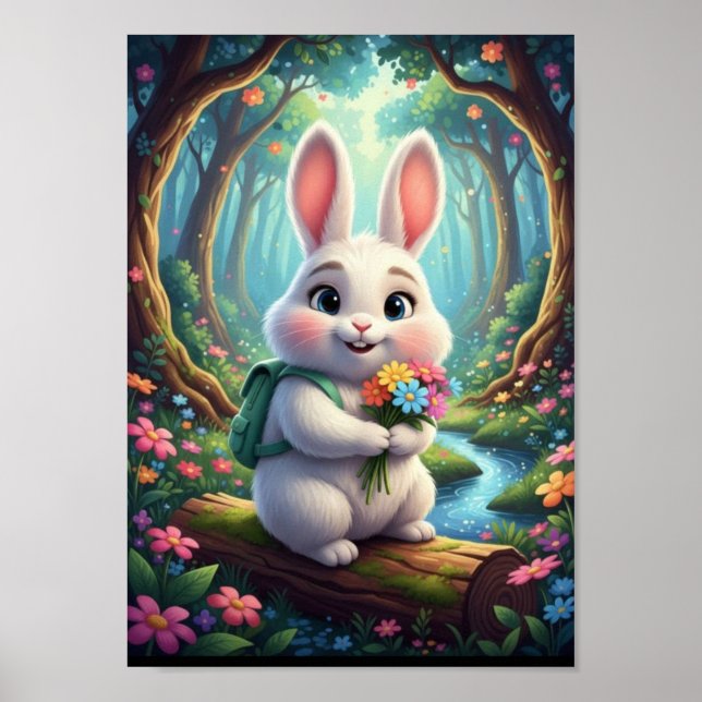 Jolie affiche de lapin de garenne avec sac à dos (Devant)