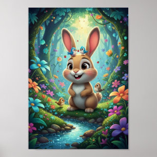 Jolie Affiche de Lapin de la Forêt avec des Oiseau
