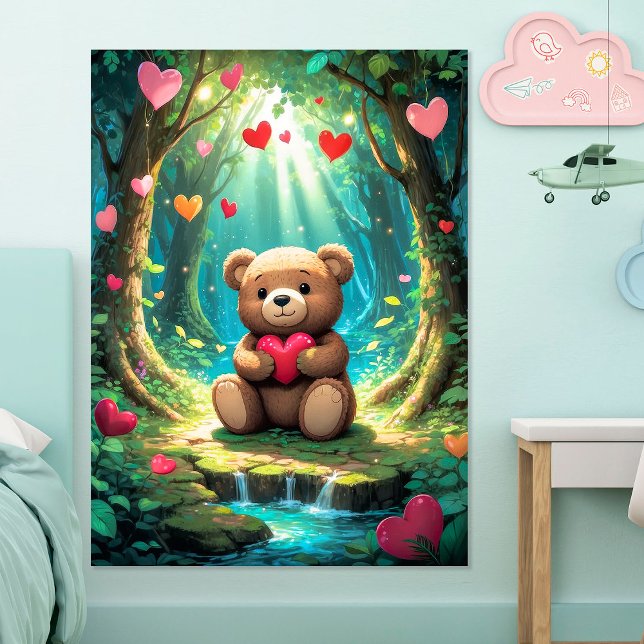 Jolie affiche de nounours avec coeur dans la forêt (Créateur téléchargé)