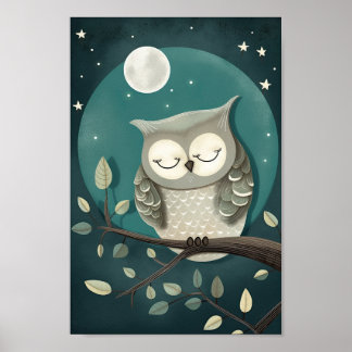 Jolie affiche d'un hibou dormant sous la Lune et l