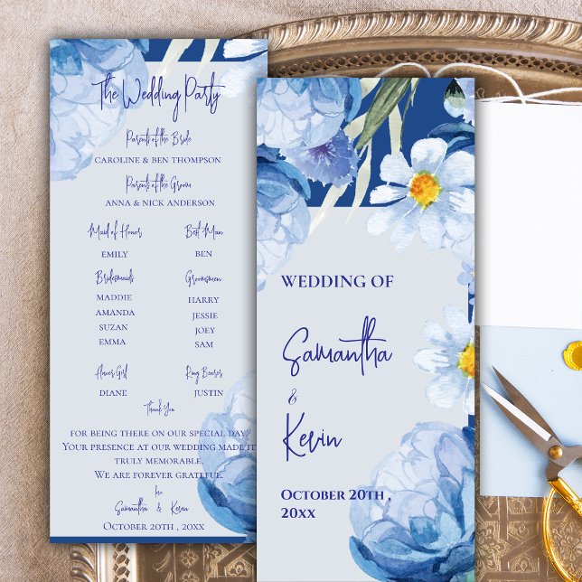 Jolie aquarelle Bleu Floral Programme de mariage (Pretty Watercolor Blue Floral Wedding Program)