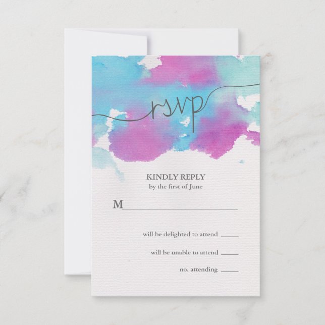 Jolie aquarelle bleu violet mariage RSVP (Devant)