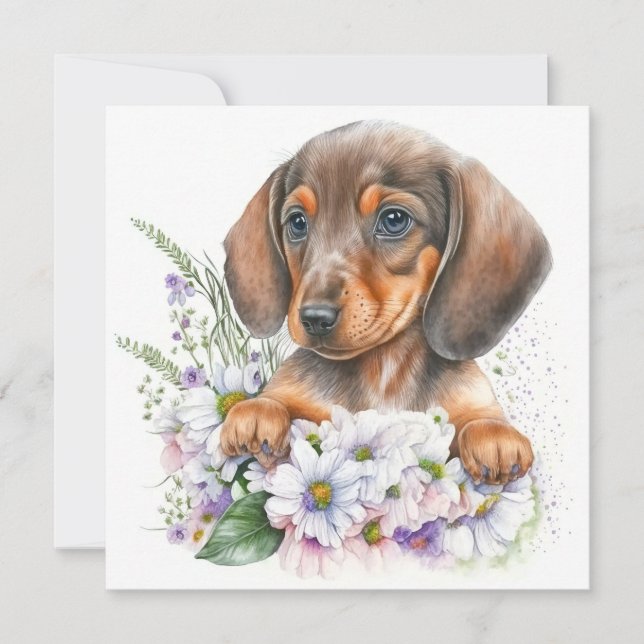 Jolie aquarelle Dachshund Puppy Floral (Devant)