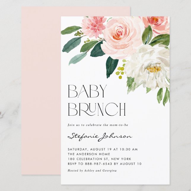 Jolie aquarelle Fleurs Baby Brunch Invitation (Devant / Derrière)