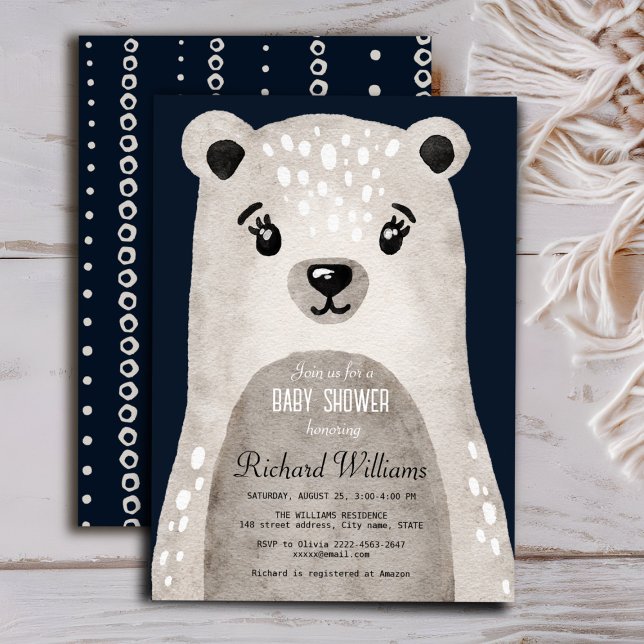 Jolie aquarelle ours garçon baby shower invitation (Cute bear baby shower minimalistic navy blue invitation )